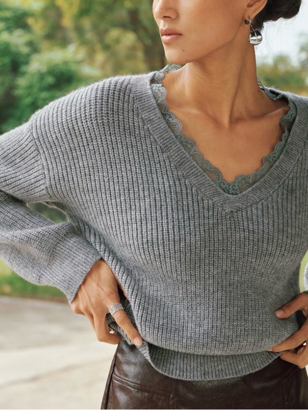 V-Neck Lace-Trim Knit Sweater